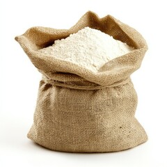 Isolated bag of wheat on a white background, made of brown burlap with a rough, textured cloth
