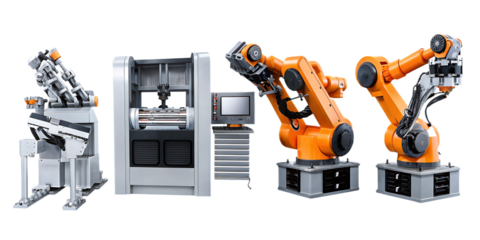 industrial robotic arms in manufacturing assembly isolated on white background, png, ai generated.