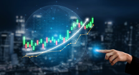 This image features a businessman hand pointing at a digital stock market graph, representing financial growth and data analysis in a futuristic urban setting. Impute