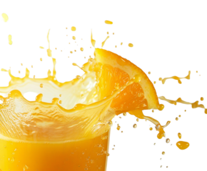 Invigorating orange juice splash with vibrant citrus slice for a refreshing, healthy start to the day perfect for summer promotions and wellness campaigns