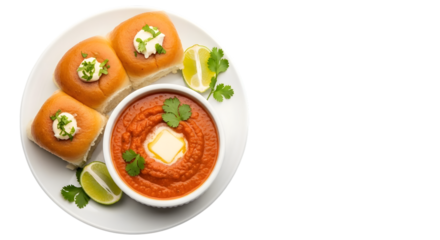 A plate of pav bhaji, a popular indian street food, served with soft bread rolls, butter, and lime wedges, isolated on transparent background