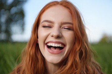 Young Woman Laughing with Closed Eyes in Lush Greenery