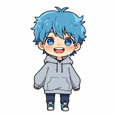Adorable anime boy with blue hair smiles brightly in casual hoodie and jeans