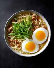 A steaming bowl of ramen topped with eggs, pork, and scallions, captured from above