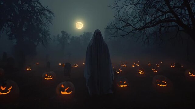 A spooky scene featuring a ghostly figure standing in the middle of a foggy graveyard, surrounded by several jack-o' lanterns with glowing faces, created with generative ai