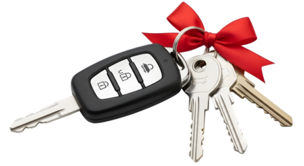 A set of car keys with a remote fob and a red ribbon bow, symbolizing a new car purchase or gift, isolated on a transparent background