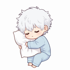 Adorable chibi character hugs pillow while sleeping peacefully