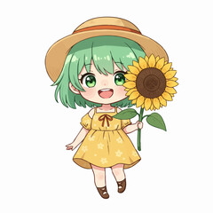 Adorable anime girl with sunflower wears straw hat and summer dress