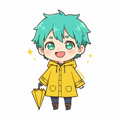 Adorable chibi boy in yellow raincoat holding umbrella, ready for fun