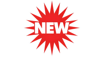 A bright red starburst shape with the word new in white letters in the center, isolated on a transparent background