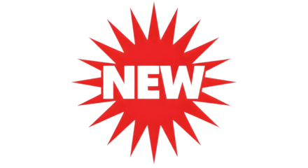 A bright red starburst shape with the word new in white letters in the center, isolated on a transparent background