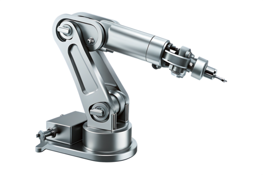 metallic robotic arm 3d rendering isolated on white background, png, ai generated.