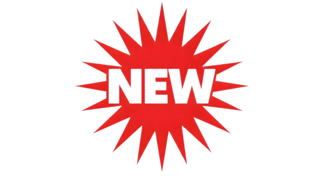 A bright red starburst shape with the word new in white letters in the center, isolated on a transparent background