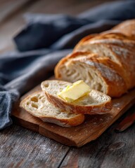 Freshly sliced artisan bread with butter on a wooden cutting board