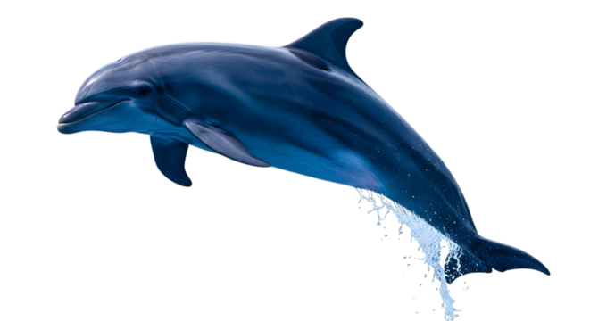 A dark blue dolphin leaping out of the water with splashes, isolated on a transparent background