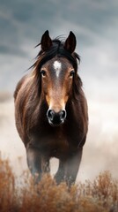 Majestic horse trotting through misty grasslands during early morning light in a serene landscape setting