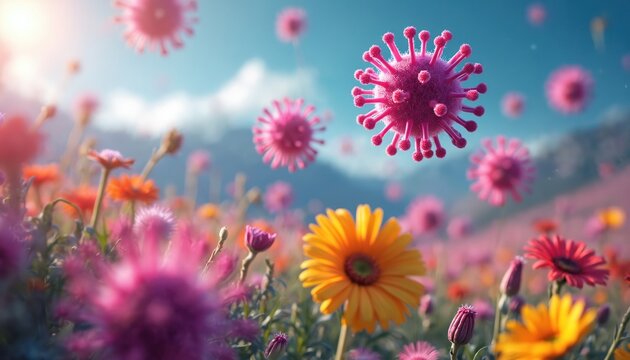 Vibrant virus particles float above colorful flowers in surreal landscape under daylight. Generative AI image blends biology, nature, microscopic elements in dreamlike, vibrant floral setting.