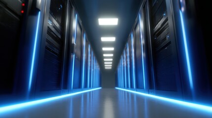 A 3D render of a futuristic server room with glowing blue light, symbolizing data processing and cloud technology.