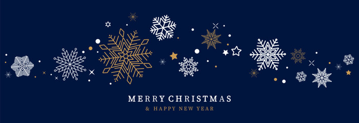 Christmas balls border isolated on a blue background. Christmas card with holidays decoration. Christmas golden snowflakes with stars border . Merry Christmas and Happy New Year background .