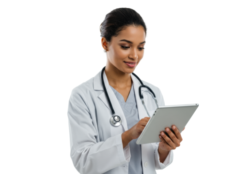 Young adult woman, diverse ethnicity, medical professional in lab coat with stethoscope, thoughtfully using digital tablet, on bright white studio background, concept of modern healthcare technology