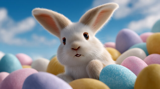 Bunny looks at camera surrounded by pastel-colored Easter eggs. Bright blue sky with fluffy clouds creates festive spring mood. Concept of Easter, springtime celebration, family gatherings