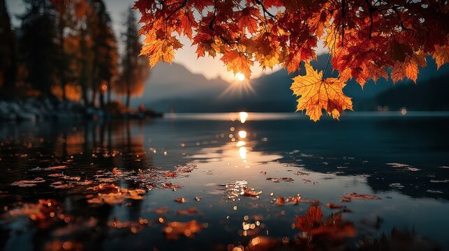 Autumn leaves reflect golden sunlight over a serene lake at sunset in a quiet mountain setting