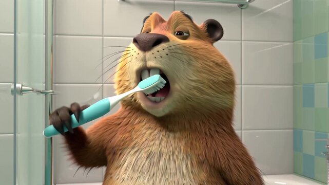 positive adorable playful cartoon  beaver brushing teeth in bathroom