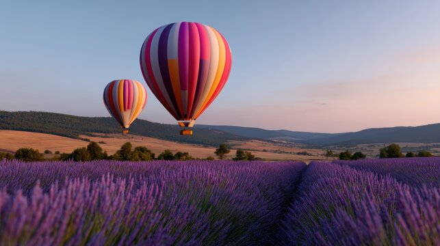 Hot air balloons ascending over a lavender field bathed in golden sunrise light with rolling hills beyond