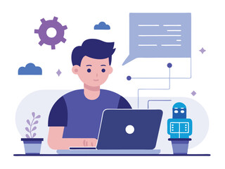 Man working on a laptop with a robot and chat bubble