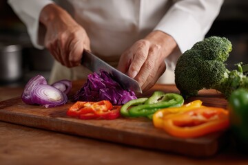 A chef slicing fresh vegetables on a wooden cutting board in a kitchen