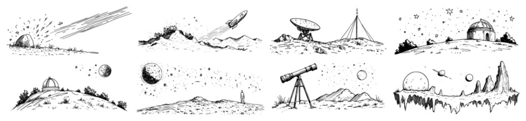 Space exploration landscape doodle set with telescope meteor and observatory