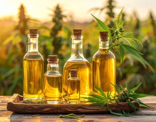Hemp oil in glass bottles
