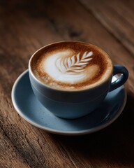 Fototapeta premium A freshly brewed cappuccino topped with detailed latte art, served in a ceramic cup on a rustic wooden table
