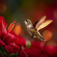 Hummingbird hovering over red hibiscus flower in vibrant garden light