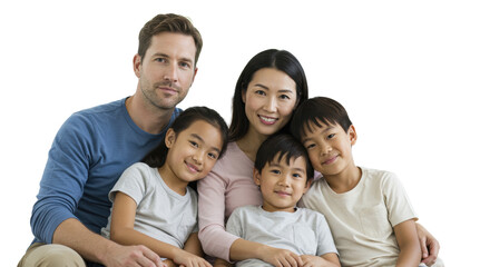 Diverse family (caucasian father, east asian mother, 2 mixed-race children) seated on light sofa in modern home, soft smiles, looking at camera, soft lighting. Concept of modern family well-being