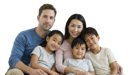 Diverse family (caucasian father, east asian mother, 2 mixed-race children) seated on light sofa in modern home, soft smiles, looking at camera, soft lighting. Concept of modern family well-being
