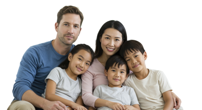 Diverse family (caucasian father, east asian mother, 2 mixed-race children) seated on light sofa in modern home, soft smiles, looking at camera, soft lighting. Concept of modern family well-being - Powered by Adobe