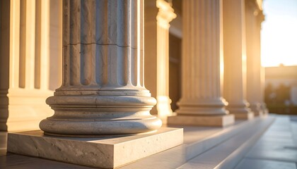 Classic columns in sunlight.  Detailed view of marble pillars