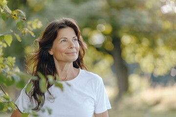 Confident middle aged woman in white enjoying breath of fresh air in park. Natural ambiance and soft focus in background highlight freedom, maturity and well being