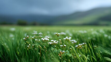 Vast green meadow dotted with wildflowers under a soft overcast sky, with diffused sunlight lending a calm ambiance