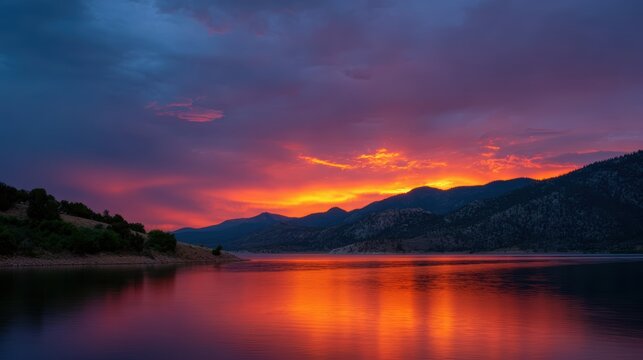 Dramatic sunset clouds rolling over a rugged mountain range with vibrant colors reflecting on still waters