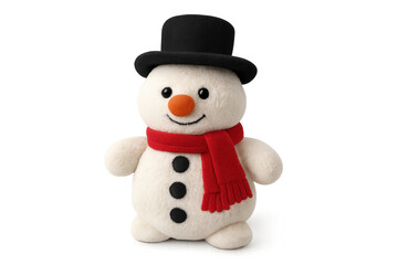 Smiling snowman plush toy wearing top hat and red scarf on transparent background