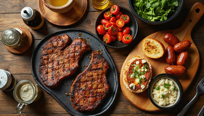 Rustic spread of grilled steak, kangaroo sausages, fresh salad on wooden table. Features warm inviting colors, comfort food, gourmet Australian cuisine. Natural light enhances homemade, artisan