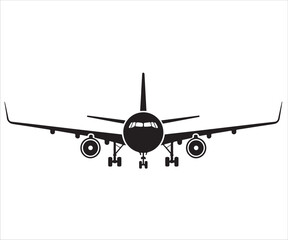 Airplane front view silhouette vector illustration, jet aircraft graphic design for travel, aviation, airline, airport, flight transportation, tourism, and aeronautical concept isolated on white backg