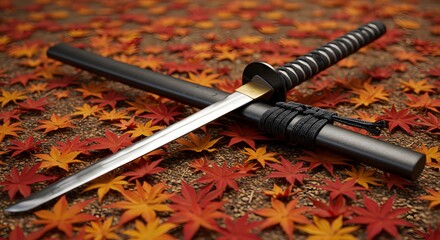 Katana and Fall Leaves: A katana rests gracefully atop a bed of vibrant autumn leaves, its polished blade gleaming in the soft, natural light, set against a background of fall colors.