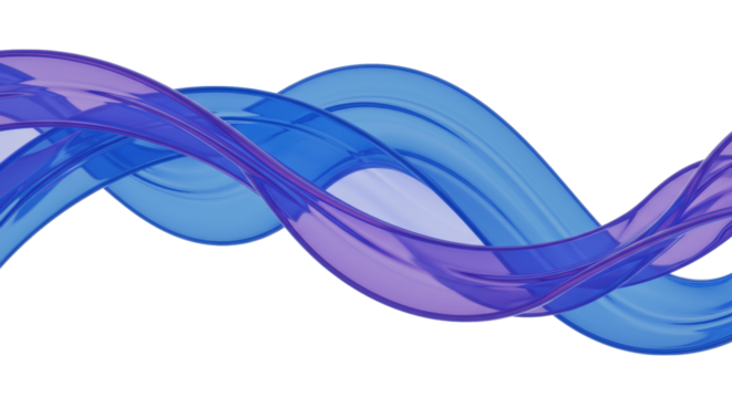 Smooth, translucent, fluid, luminous blue and purple wavy lines flowing horizontally on transparent with copy space, digital transformation and seamless processes concept