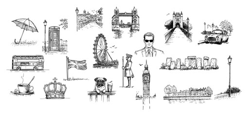 Obraz premium London landmarks doodle icon set vector