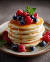 A stack of fluffy pancakes topped with fresh berries and drizzled maple syrup on a rustic ceramic plate