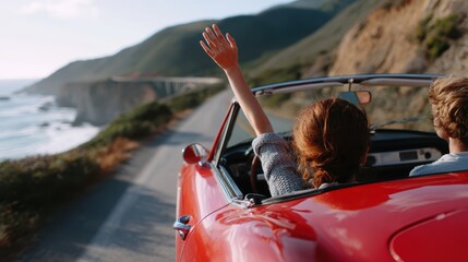 Friends enjoying a road trip in a convertible car along a coastal highway with ocean views