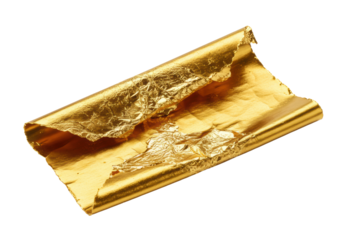 A single piece of artfully crumpled gold foil, showcasing intricate textures and a shimmering metallic sheen, isolated on a transparent background with copy space, concept of luxury and value